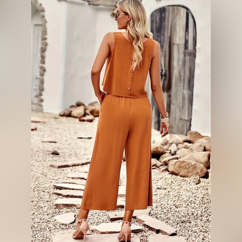 Solid Color Summer Two-piece Set, Crew Neck Tank Top & Wide Leg Pants Outfit - Picture 3 of 6